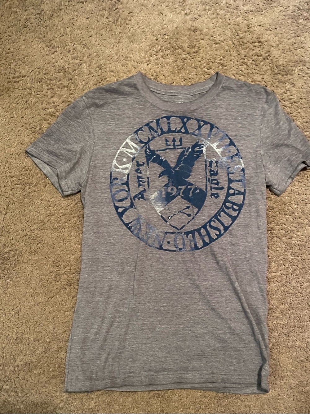 American Eagle Outfitters Gray Short Sleeve Tee with Blue Emblem